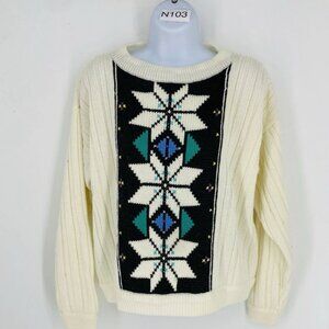 Vintage Words Cream Geometric Faire Isle Snowflake Knit Sweater Size Small